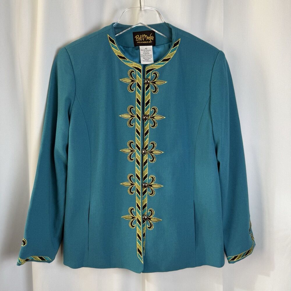 Vintage Bob Mackie Wearable Art Embroidered Fleur De Lis Teal Jacket Blazer XS